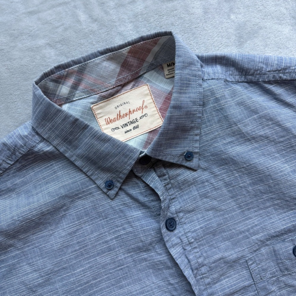 Weatherproof Button Down Men M Blue Vintage Short Sleeve Slub Pocket Shirt